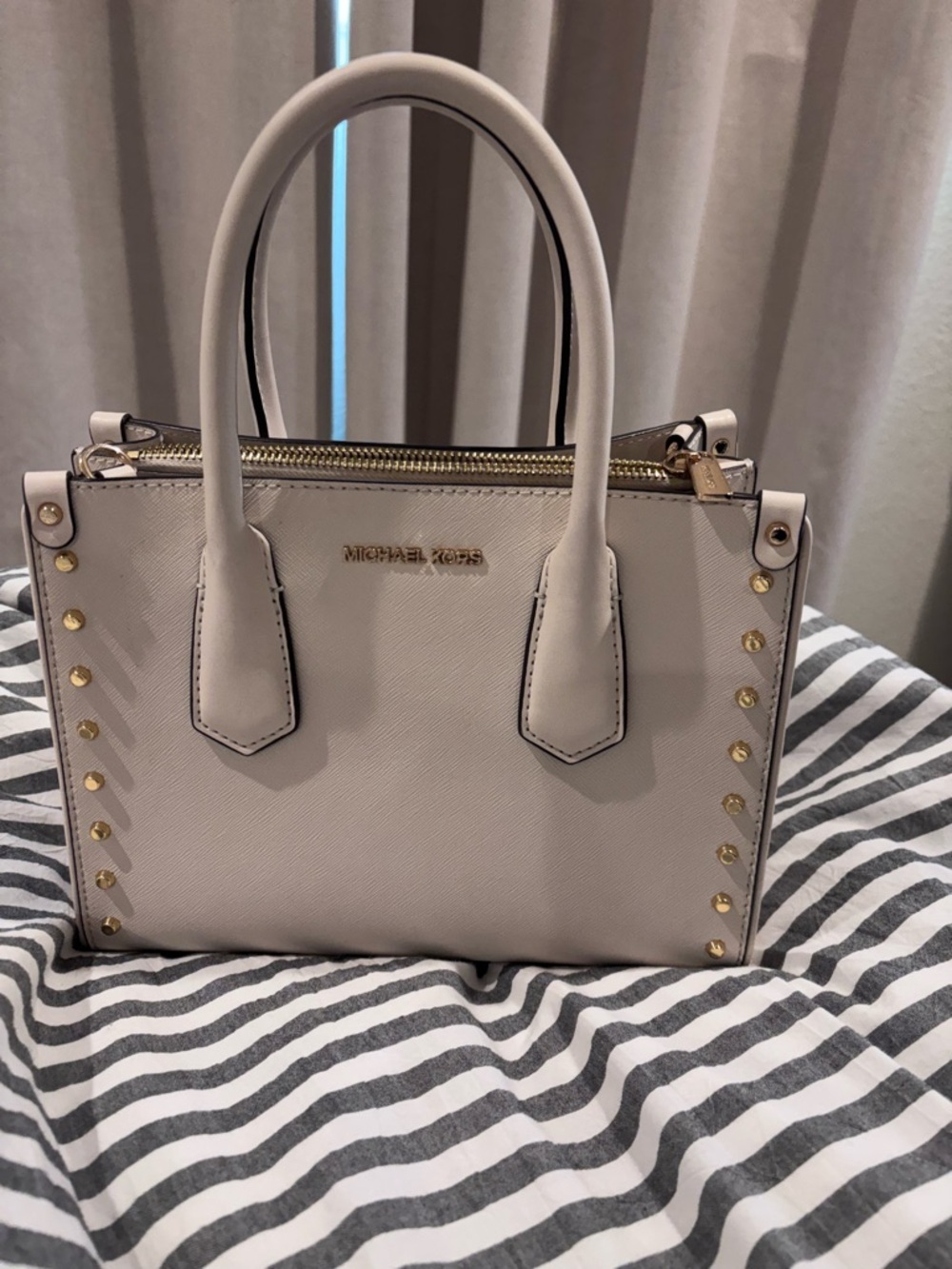 Michael Kors Cream Saffiano Leather Satchel with Gold Studs